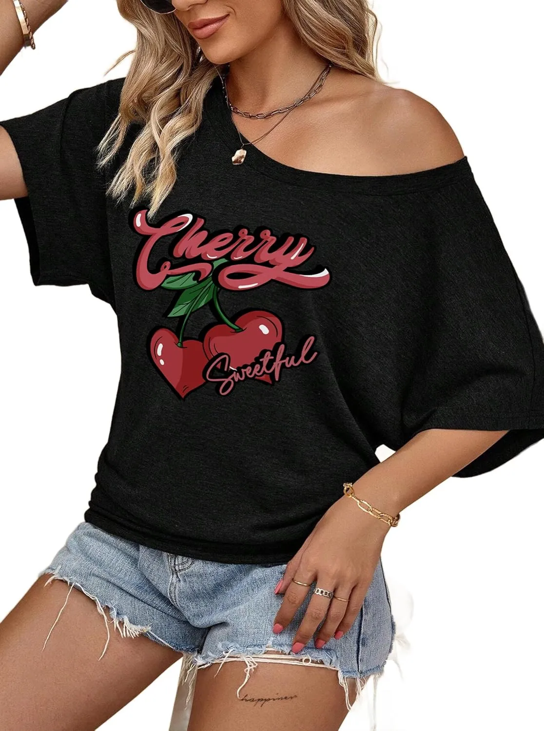 Hilinker Womens Sexy Off The Shoulder Tops Short Batwing Sleeve T Shirt Oversized Casual Tee