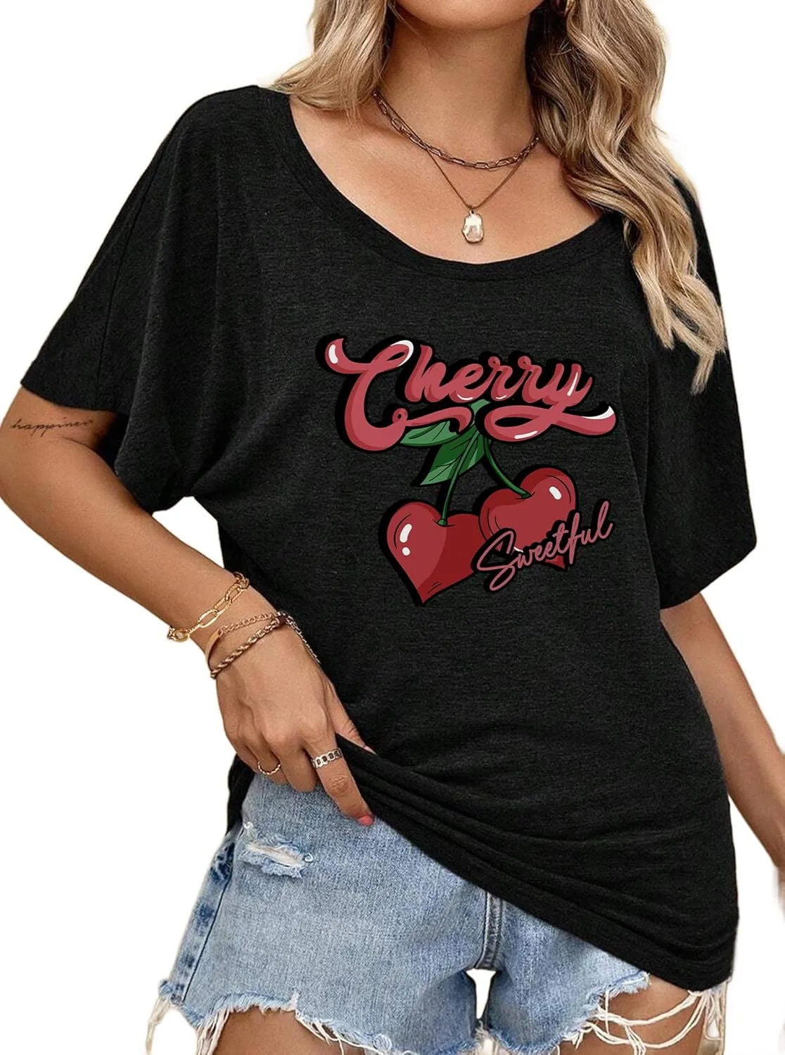 Hilinker Womens Sexy Off The Shoulder Tops Short Batwing Sleeve T Shirt Oversized Casual Tee