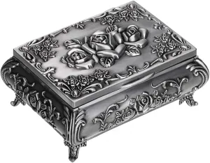 Hipiwe Vintage Metal Jewelry Box Small Trinket Jewelry Storage box For Rings Earrings Necklace Treasure Chest Organizer Antique jewelry Keepsake gift Box Case for Girl Women (Small)