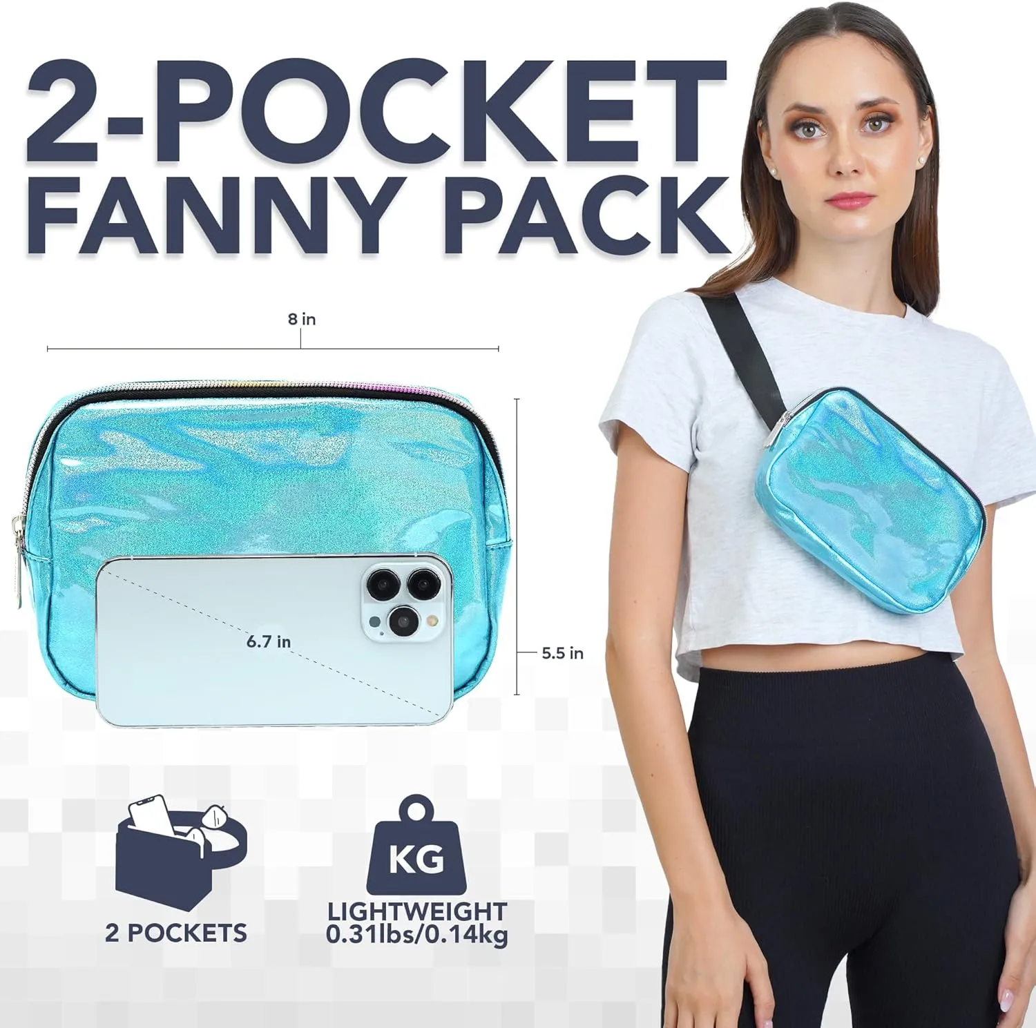 Holographic Blue Crossbody Belt Bag for Women  Stylish Fanny Pack, Functional and Fashion Waist Packs for Travel, Festivals, and Everyday Use
