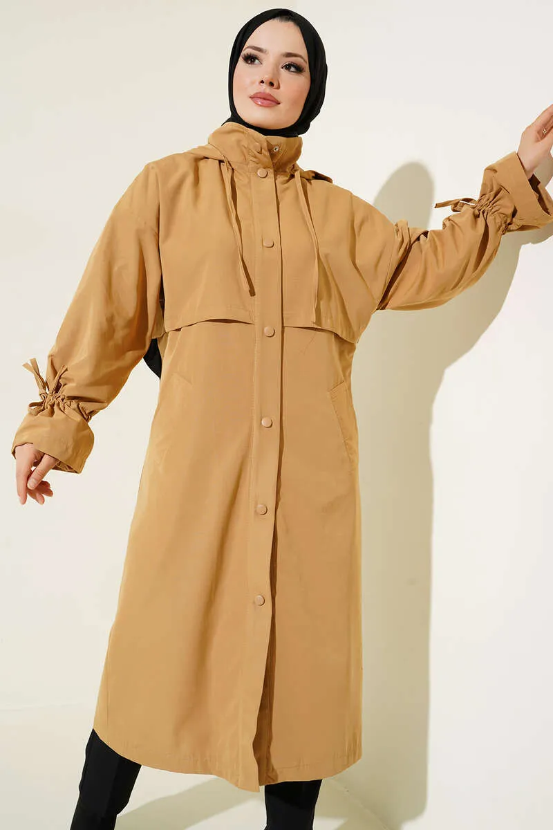Hooded Snap Button Trench Coat - Camel