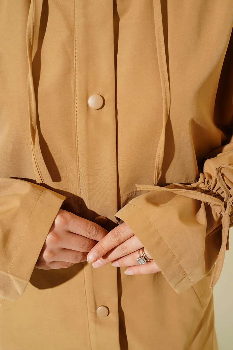 Hooded Snap Button Trench Coat - Camel
