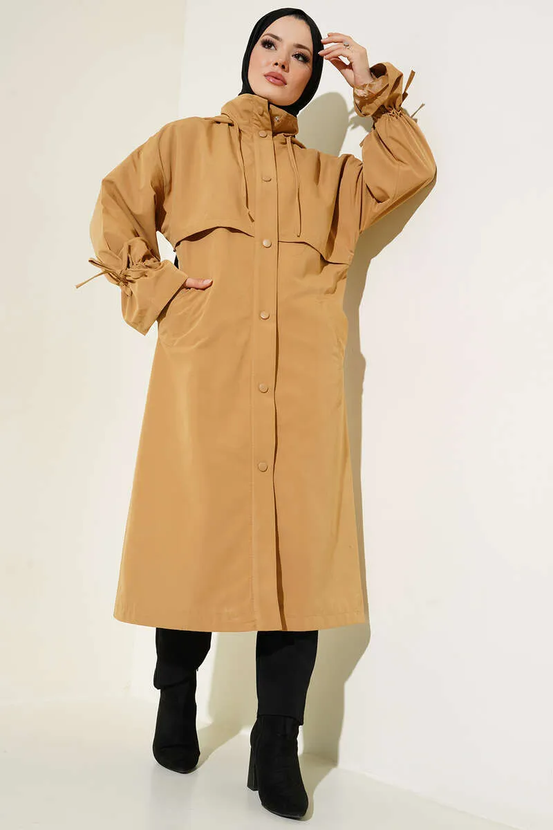 Hooded Snap Button Trench Coat - Camel