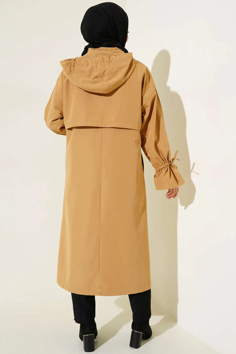 Hooded Snap Button Trench Coat - Camel
