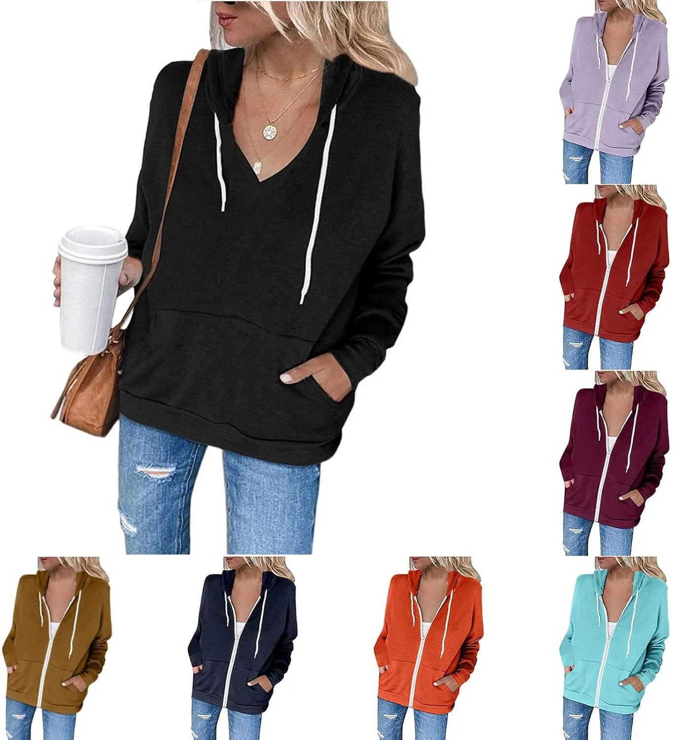 Hoodies Sweatshirts for Women Long Sleeve Shirts Zip Up Fleece Hoodie Jacket Fall Clothes Top with Pocket 2024