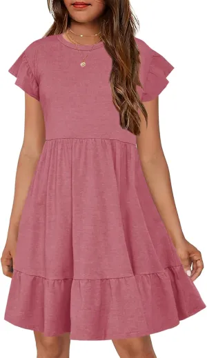 HOSIKA Girls Summer Dress Short Sleeve A-Line Ruffle Tiered Casual Dress with Pockets for 6-12 Years
