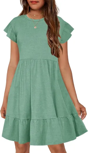 HOSIKA Girls Summer Dress Short Sleeve A-Line Ruffle Tiered Casual Dress with Pockets for 6-12 Years
