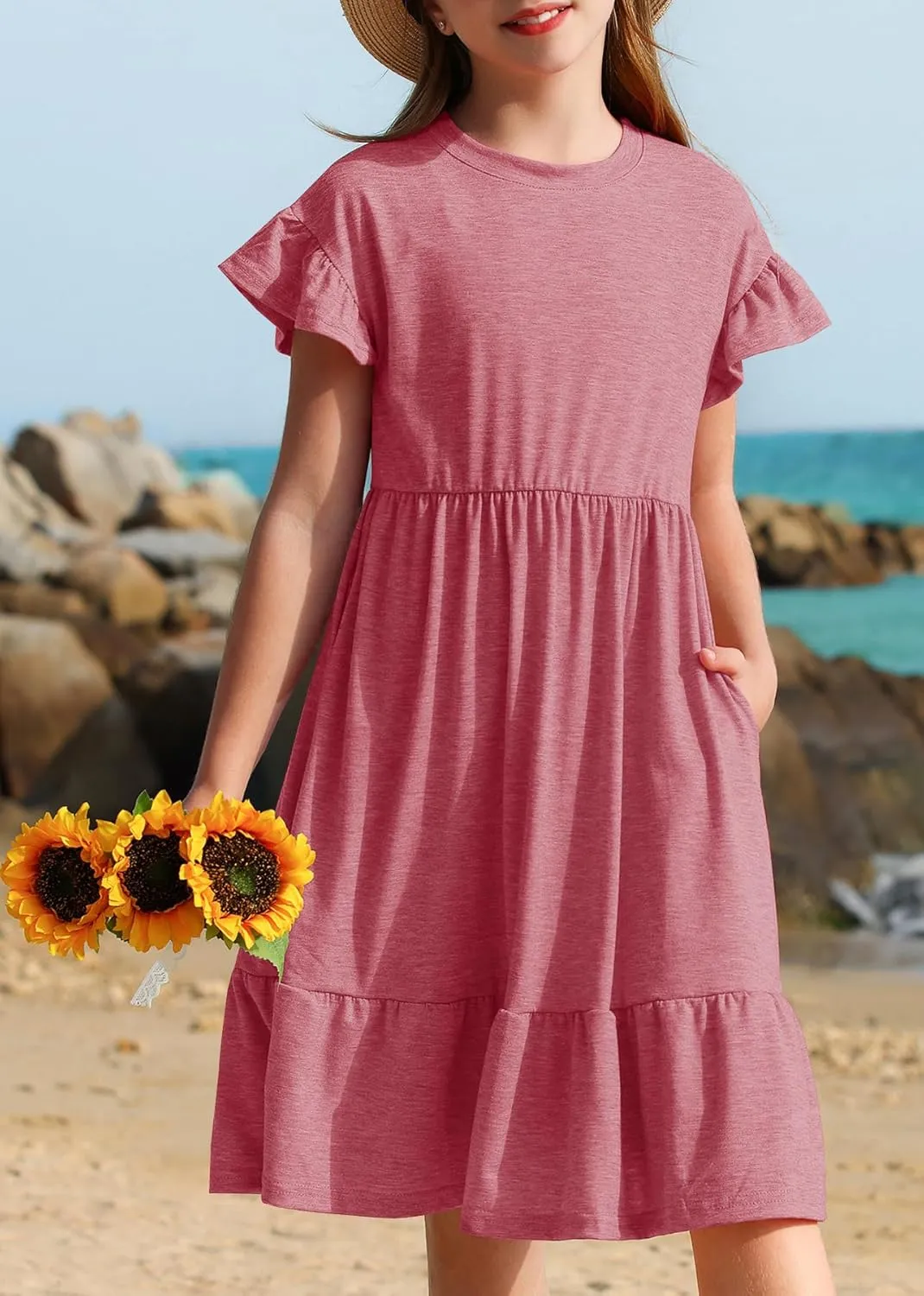 HOSIKA Girls Summer Dress Short Sleeve A-Line Ruffle Tiered Casual Dress with Pockets for 6-12 Years
