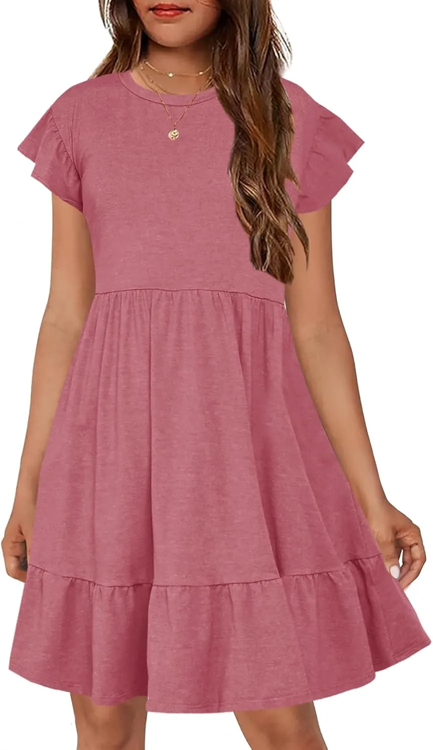 HOSIKA Girls Summer Dress Short Sleeve A-Line Ruffle Tiered Casual Dress with Pockets for 6-12 Years