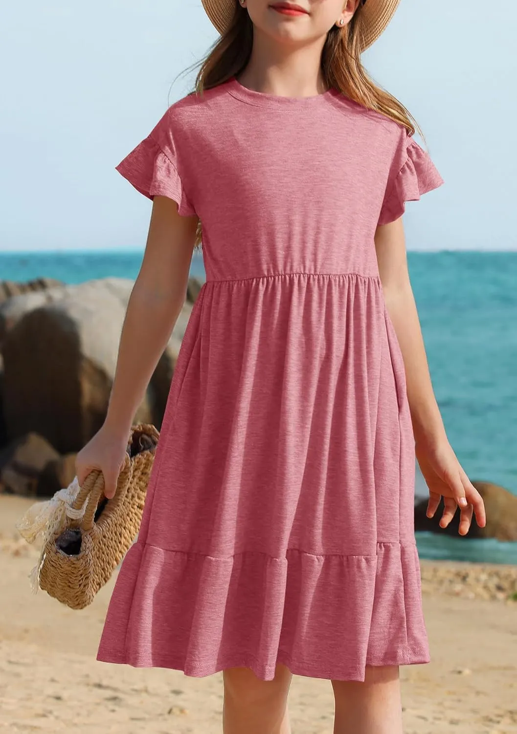HOSIKA Girls Summer Dress Short Sleeve A-Line Ruffle Tiered Casual Dress with Pockets for 6-12 Years
