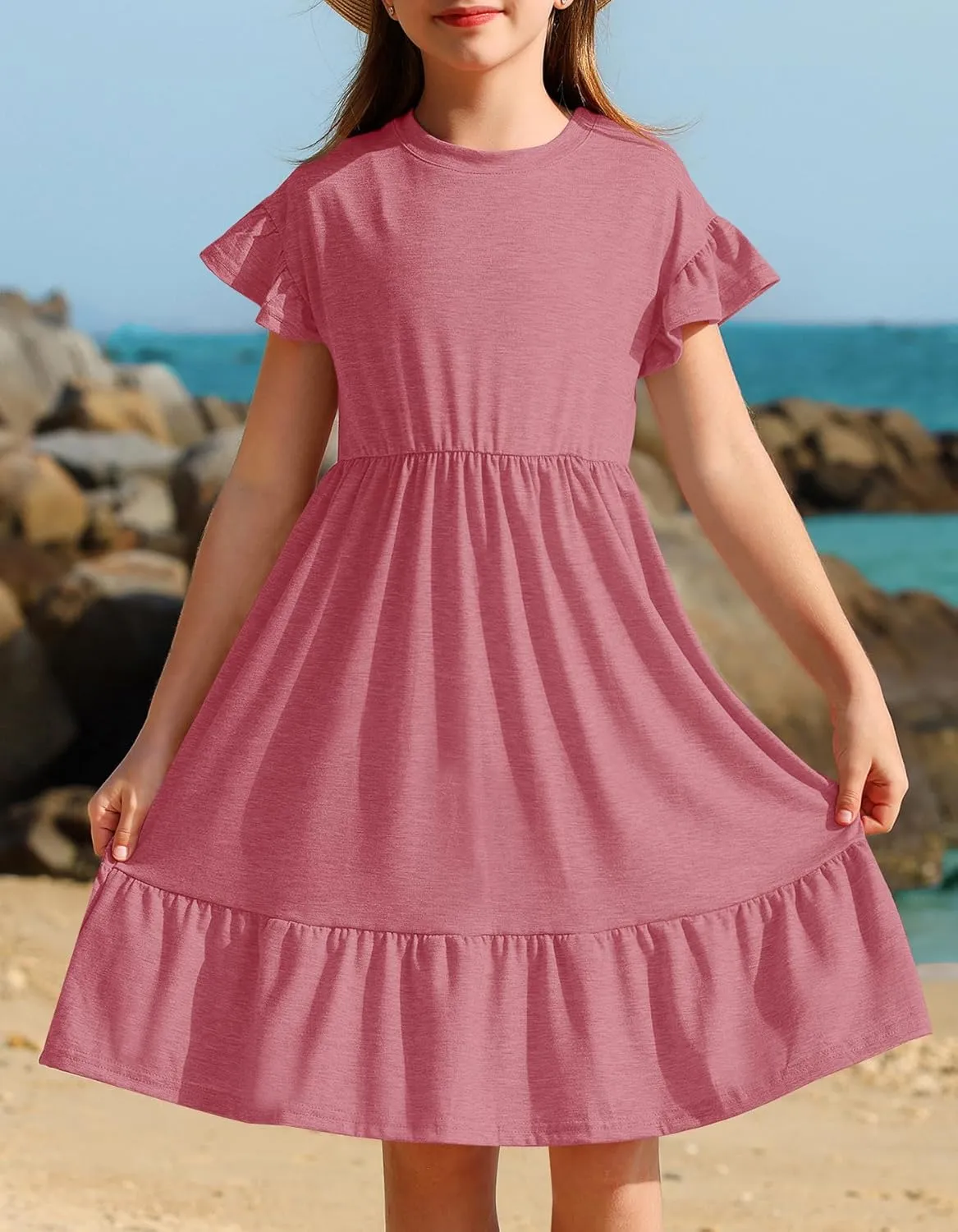 HOSIKA Girls Summer Dress Short Sleeve A-Line Ruffle Tiered Casual Dress with Pockets for 6-12 Years