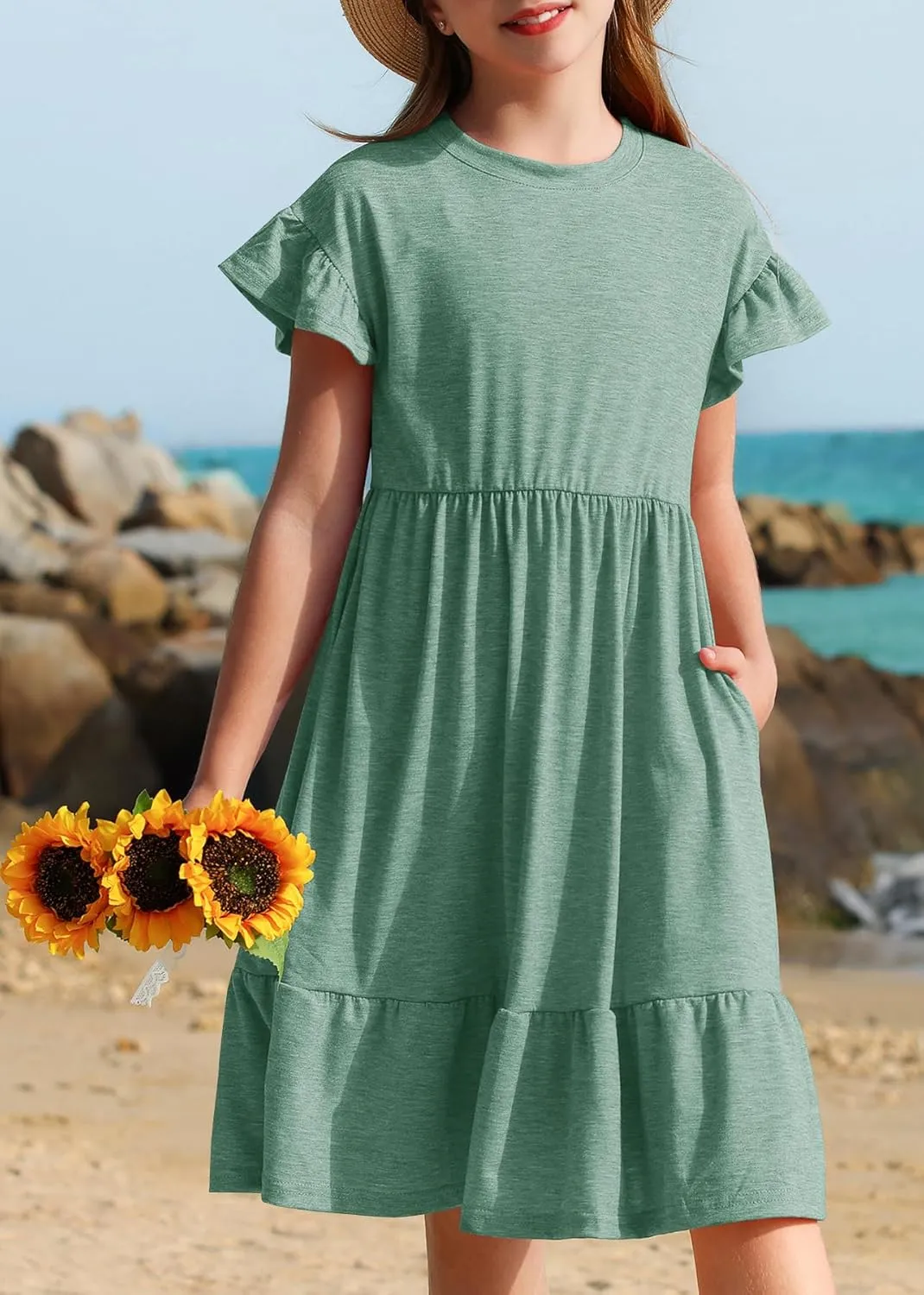 HOSIKA Girls Summer Dress Short Sleeve A-Line Ruffle Tiered Casual Dress with Pockets for 6-12 Years