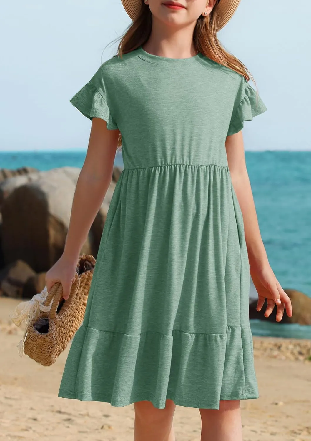 HOSIKA Girls Summer Dress Short Sleeve A-Line Ruffle Tiered Casual Dress with Pockets for 6-12 Years