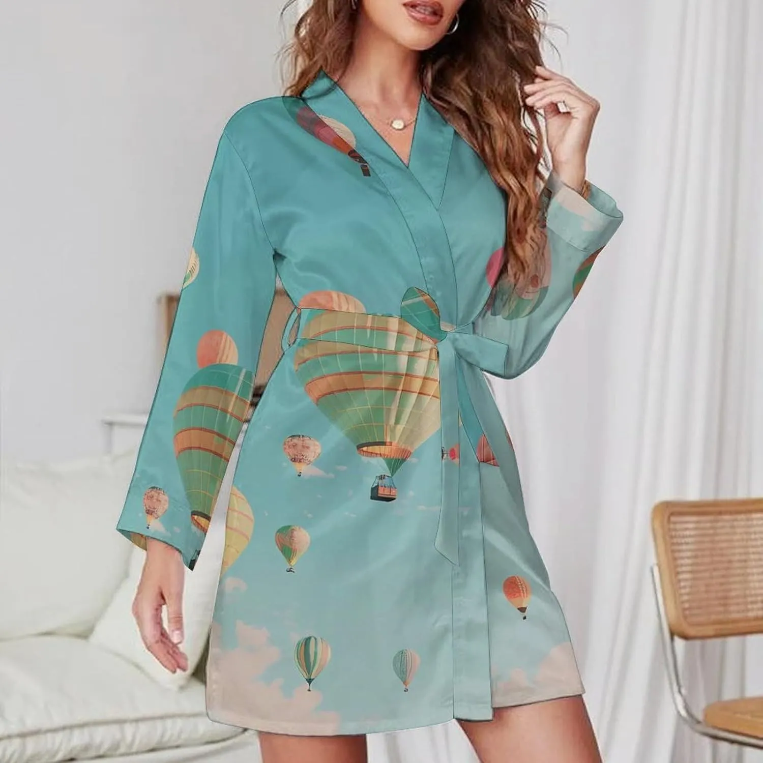Hot Air Balloon Womens Robes Soft V-Neck Nightgown Knee Length Bathrobe Sleepwear with Waist Belt