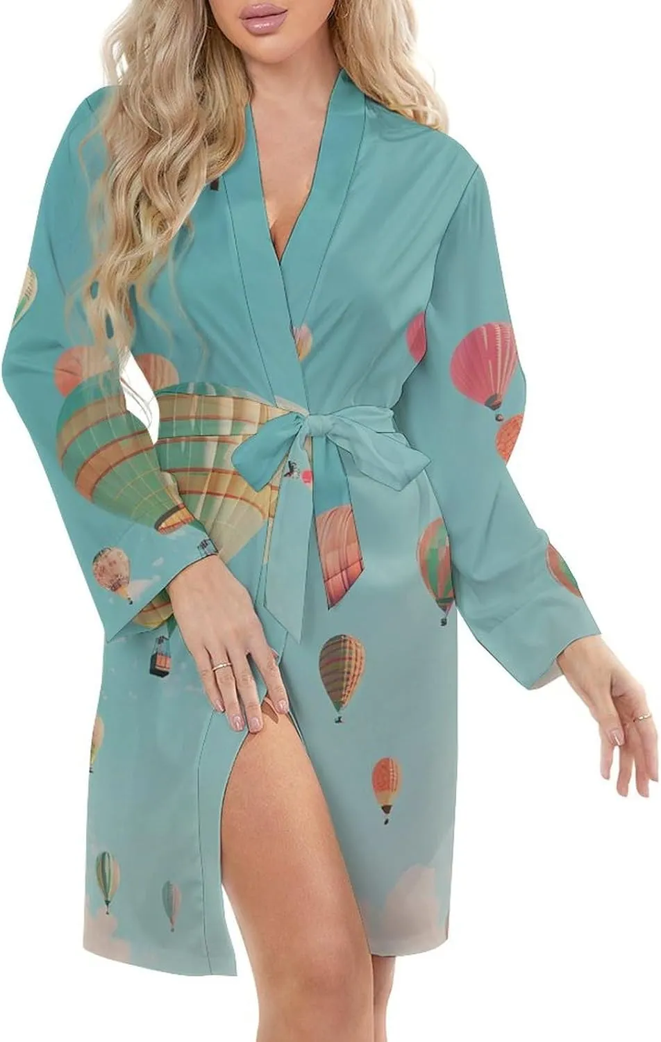 Hot Air Balloon Womens Robes Soft V-Neck Nightgown Knee Length Bathrobe Sleepwear with Waist Belt