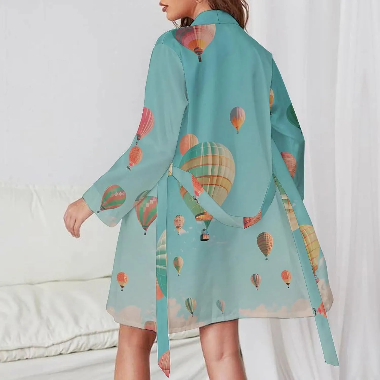 Hot Air Balloon Womens Robes Soft V-Neck Nightgown Knee Length Bathrobe Sleepwear with Waist Belt