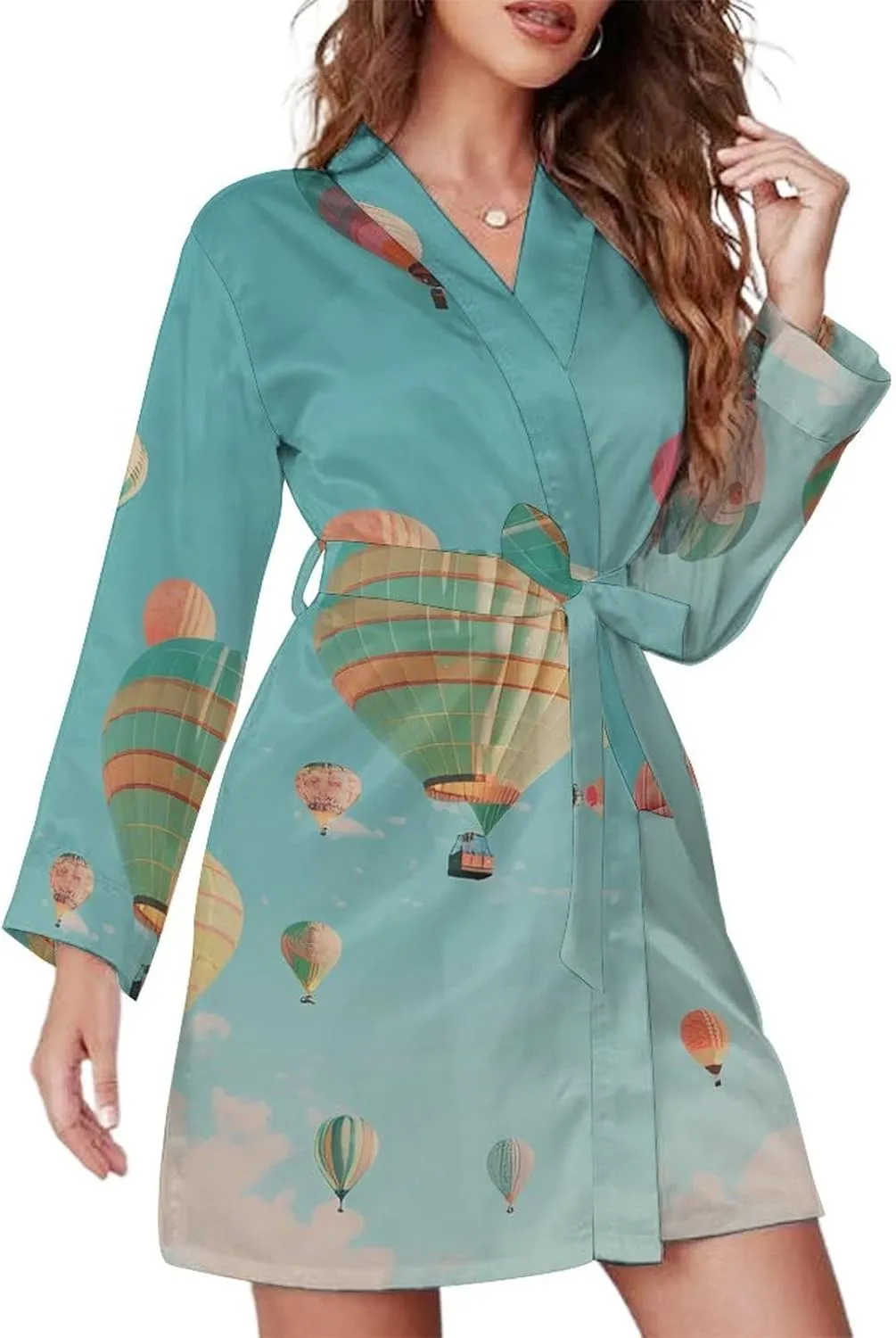 Hot Air Balloon Womens Robes Soft V-Neck Nightgown Knee Length Bathrobe Sleepwear with Waist Belt