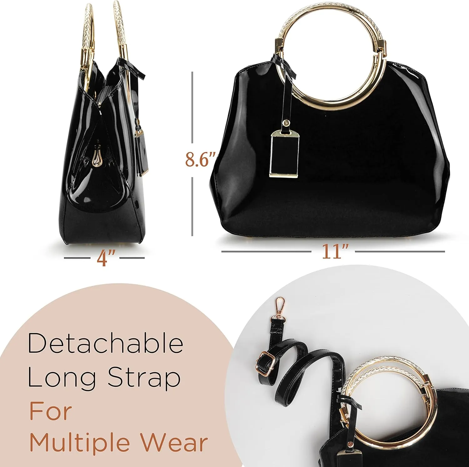 HOXIS Charm Glossy Metal Grip Structured Shoulder Handbag Women Satchel