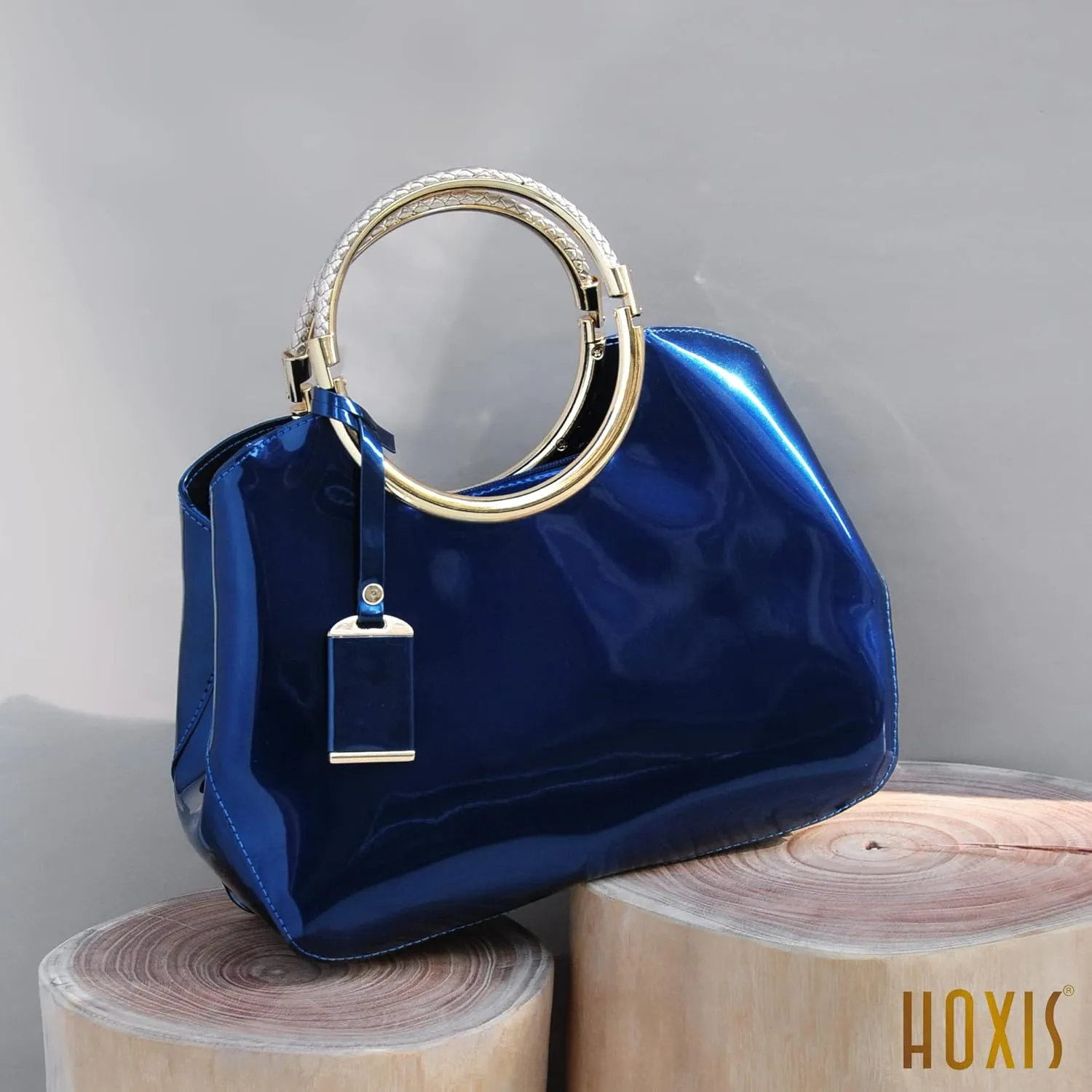 HOXIS Charm Glossy Metal Grip Structured Shoulder Handbag Women Satchel