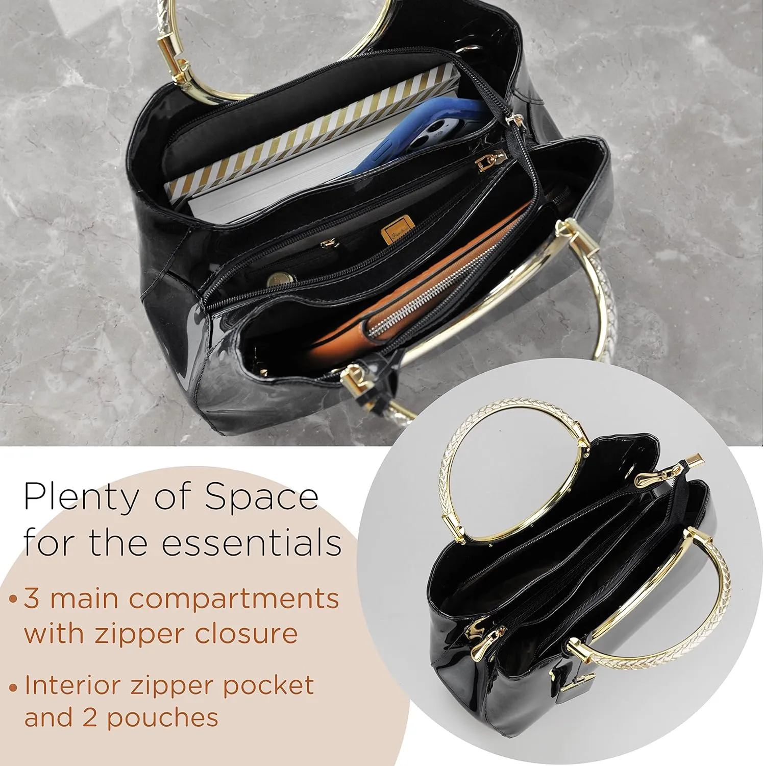 HOXIS Charm Glossy Metal Grip Structured Shoulder Handbag Women Satchel