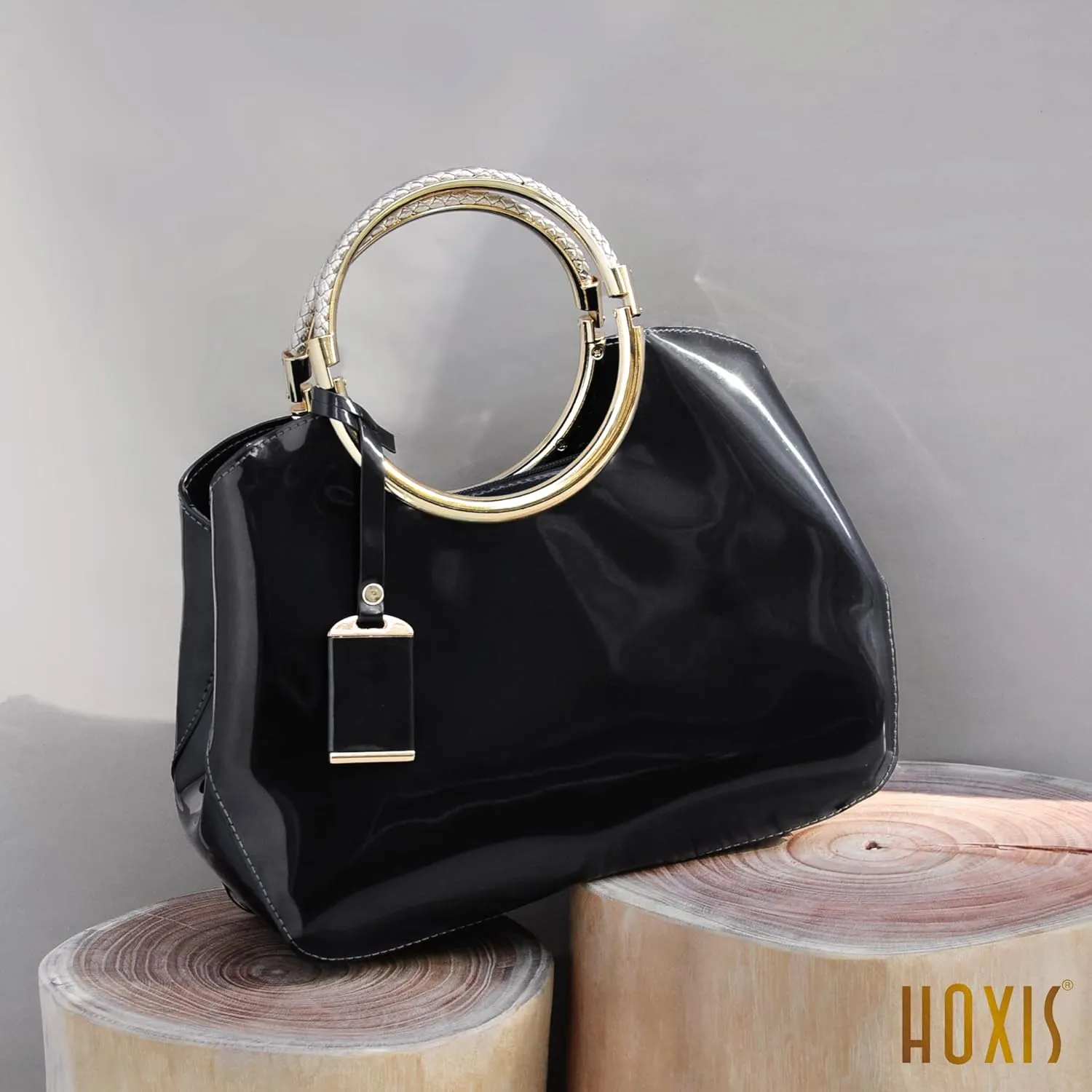 HOXIS Charm Glossy Metal Grip Structured Shoulder Handbag Women Satchel