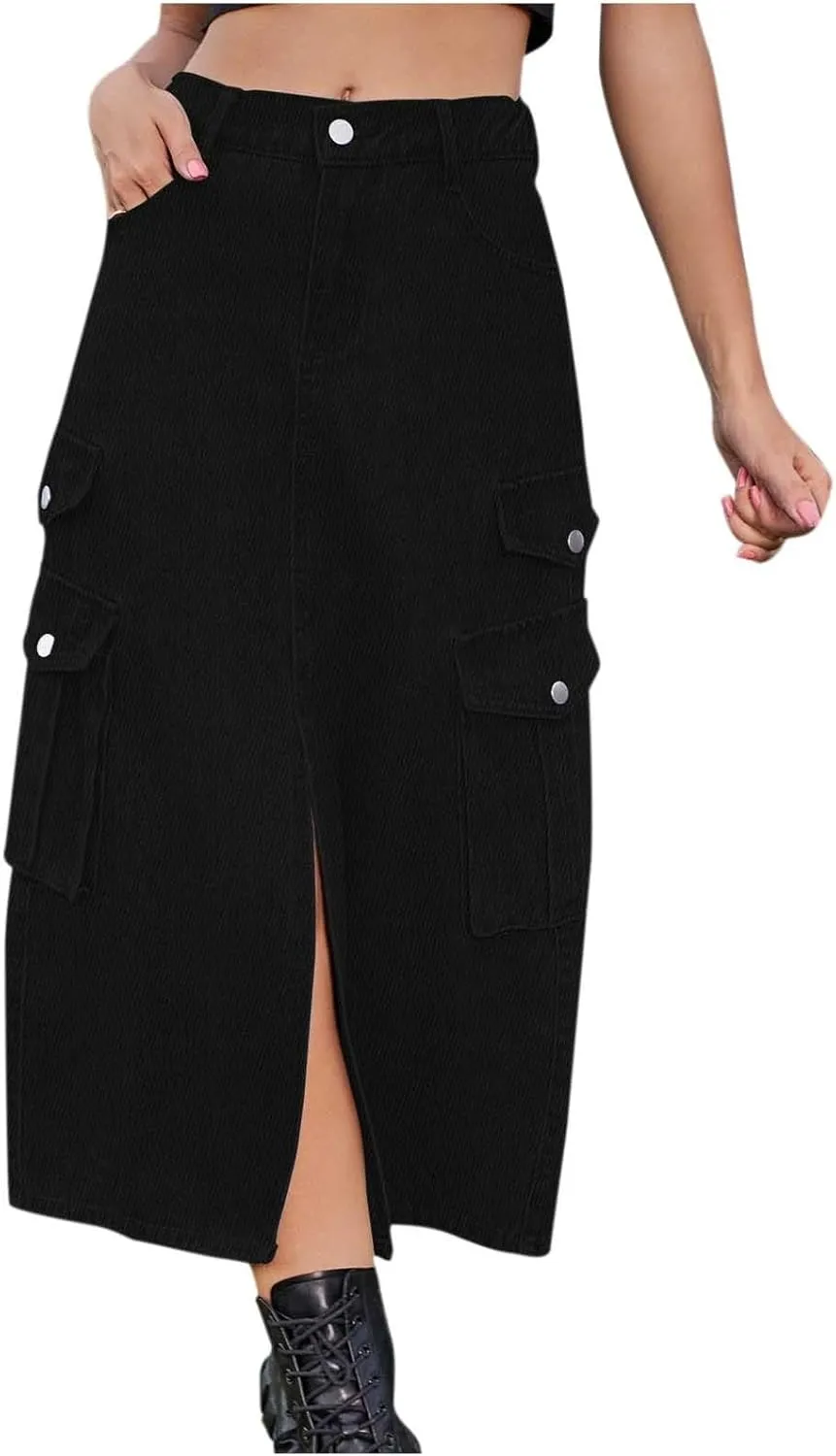 Jean Skirts for Women Multi-Pocket Denim Cargo Skirt High Waisted Pencil Skirt Casual Loose Split Hem Y2K Midi Skirt