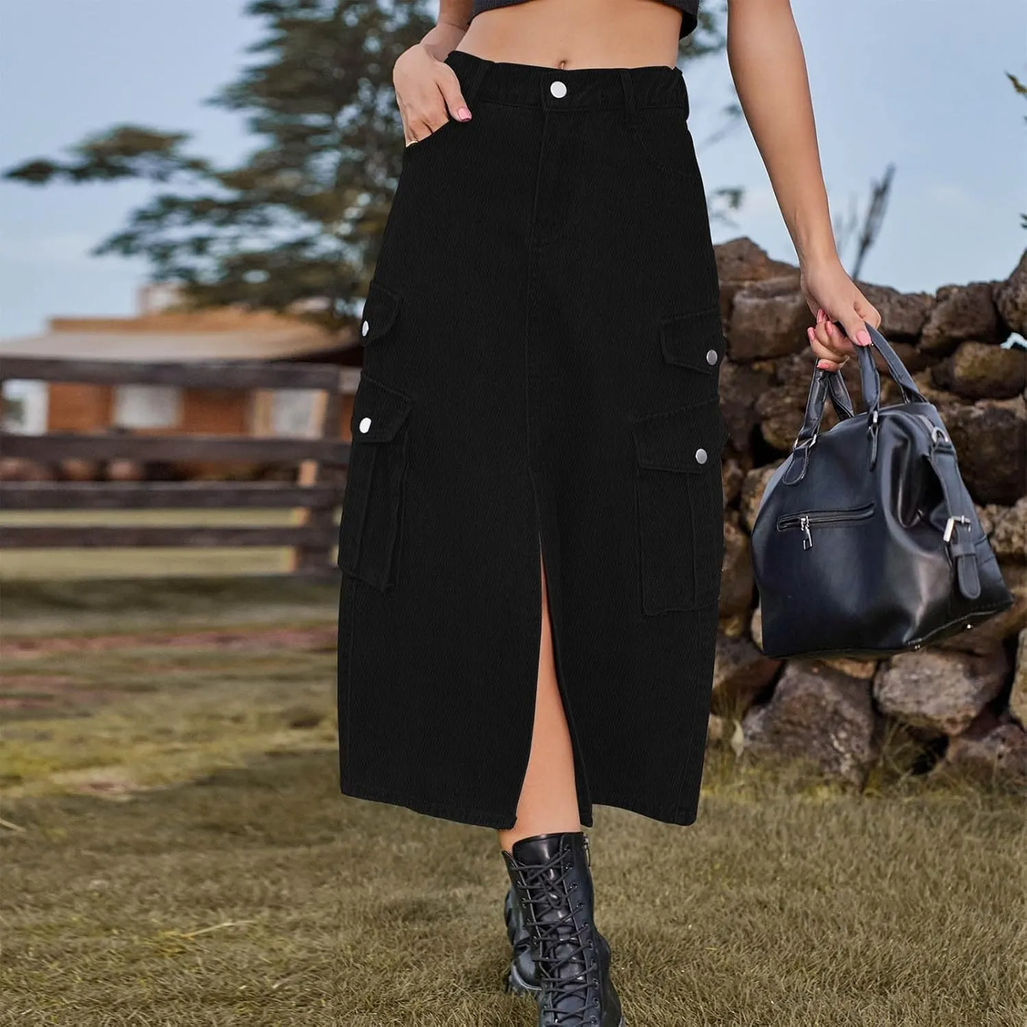 Jean Skirts for Women Multi-Pocket Denim Cargo Skirt High Waisted Pencil Skirt Casual Loose Split Hem Y2K Midi Skirt