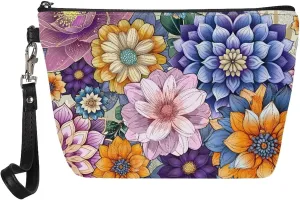 Jeiento Wristlet Cosmetic Bag PU Leather Womens Boho Blossom Travel Makeup Case Organizer Toiletry Kit Bag for Travel Zipper Pouch