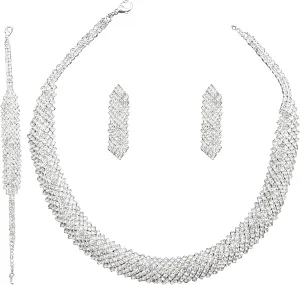 Jewelry Set for Women, Rhinestone Tiara Crown Necklace Dangle Earrings Bangle Bracelet Ring, White/KC Gold Plated Jewelry Set with Rhinestone Wedding Party Jewelry for Bridal Bridesmaid