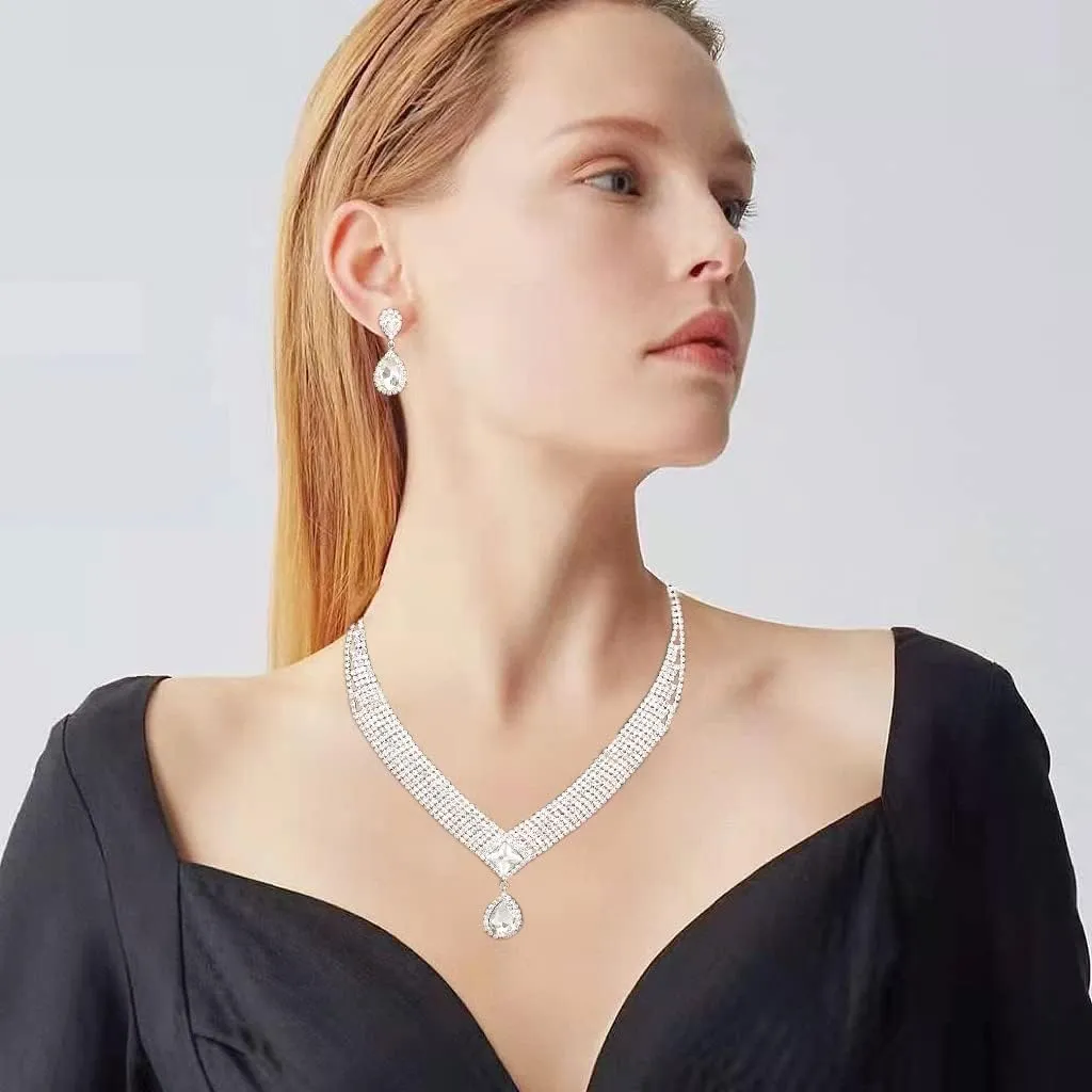 Jewelry Set for Women, Rhinestone Tiara Crown Necklace Dangle Earrings Bangle Bracelet Ring, White/KC Gold Plated Jewelry Set with Rhinestone Wedding Party Jewelry for Bridal Bridesmaid