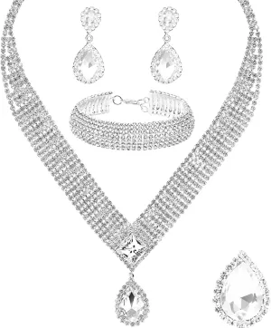 Jewelry Set for Women, Rhinestone Tiara Crown Necklace Dangle Earrings Bangle Bracelet Ring, White/KC Gold Plated Jewelry Set with Rhinestone Wedding Party Jewelry for Bridal Bridesmaid