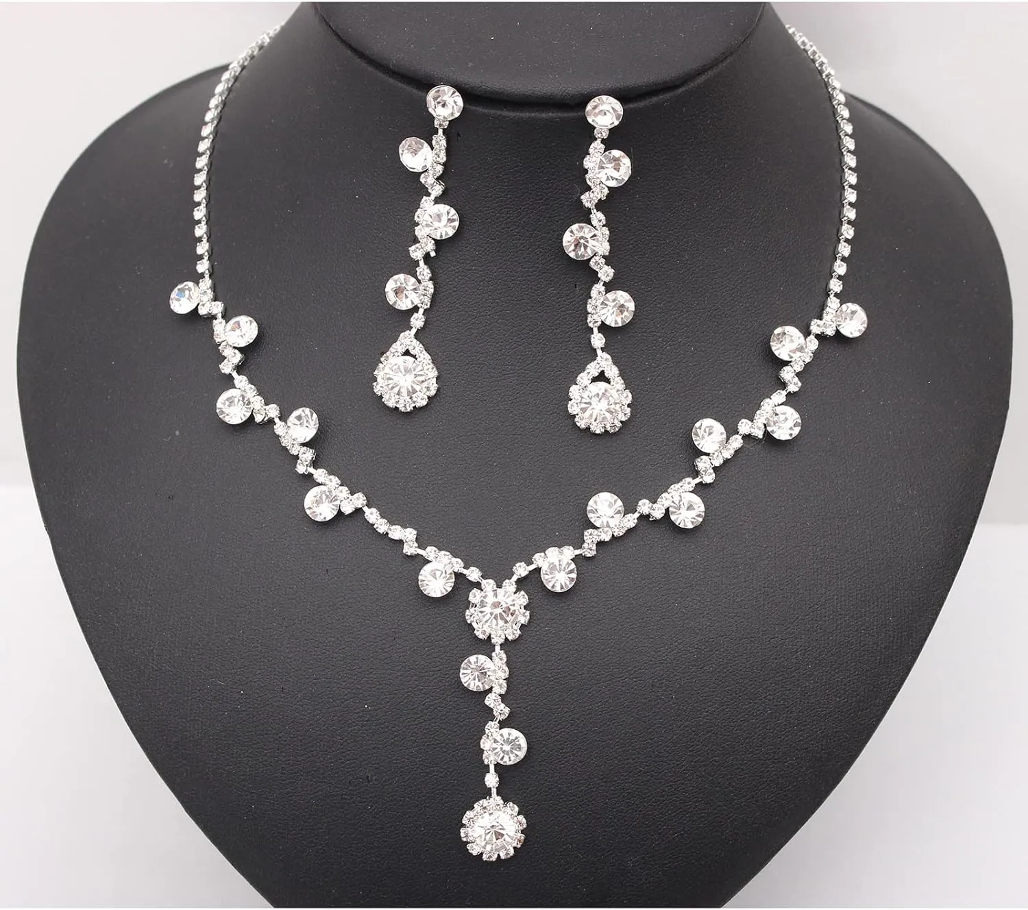 Jewelry Set for Women, Rhinestone Tiara Crown Necklace Dangle Earrings Bangle Bracelet Ring, White/KC Gold Plated Jewelry Set with Rhinestone Wedding Party Jewelry for Bridal Bridesmaid