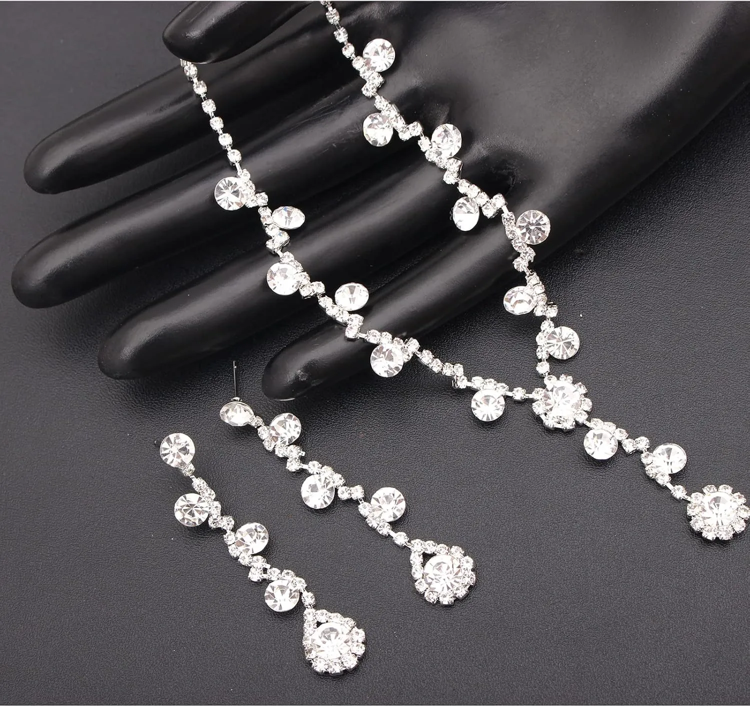 Jewelry Set for Women, Rhinestone Tiara Crown Necklace Dangle Earrings Bangle Bracelet Ring, White/KC Gold Plated Jewelry Set with Rhinestone Wedding Party Jewelry for Bridal Bridesmaid