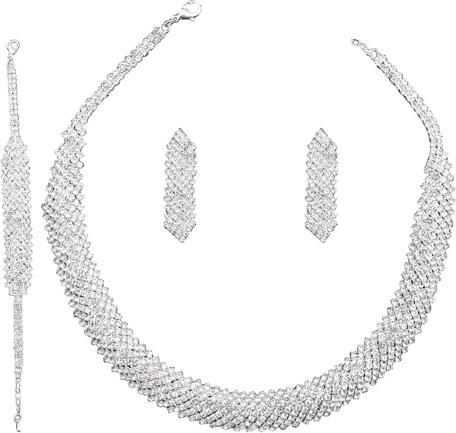 Jewelry Set for Women, Rhinestone Tiara Crown Necklace Dangle Earrings Bangle Bracelet Ring, White/KC Gold Plated Jewelry Set with Rhinestone Wedding Party Jewelry for Bridal Bridesmaid