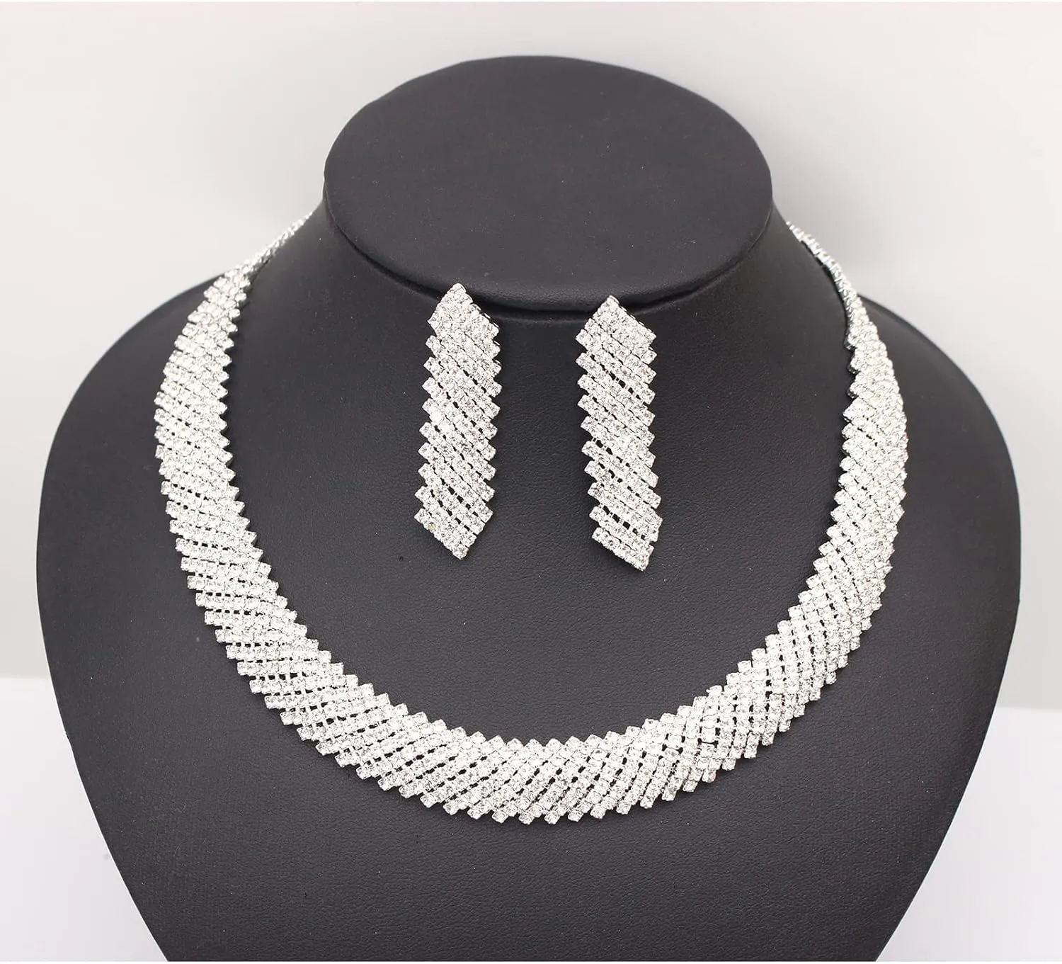 Jewelry Set for Women, Rhinestone Tiara Crown Necklace Dangle Earrings Bangle Bracelet Ring, White/KC Gold Plated Jewelry Set with Rhinestone Wedding Party Jewelry for Bridal Bridesmaid