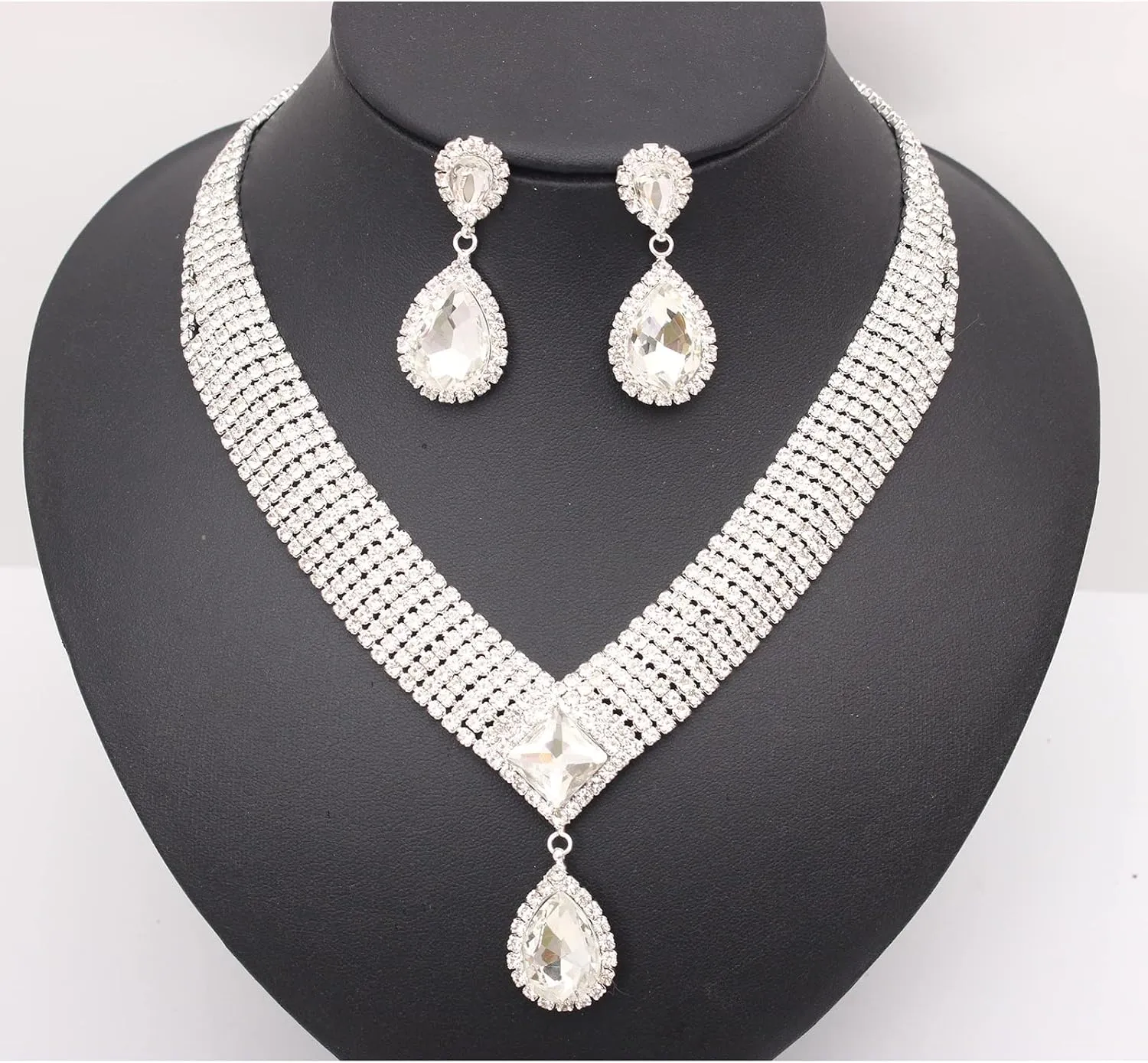 Jewelry Set for Women, Rhinestone Tiara Crown Necklace Dangle Earrings Bangle Bracelet Ring, White/KC Gold Plated Jewelry Set with Rhinestone Wedding Party Jewelry for Bridal Bridesmaid