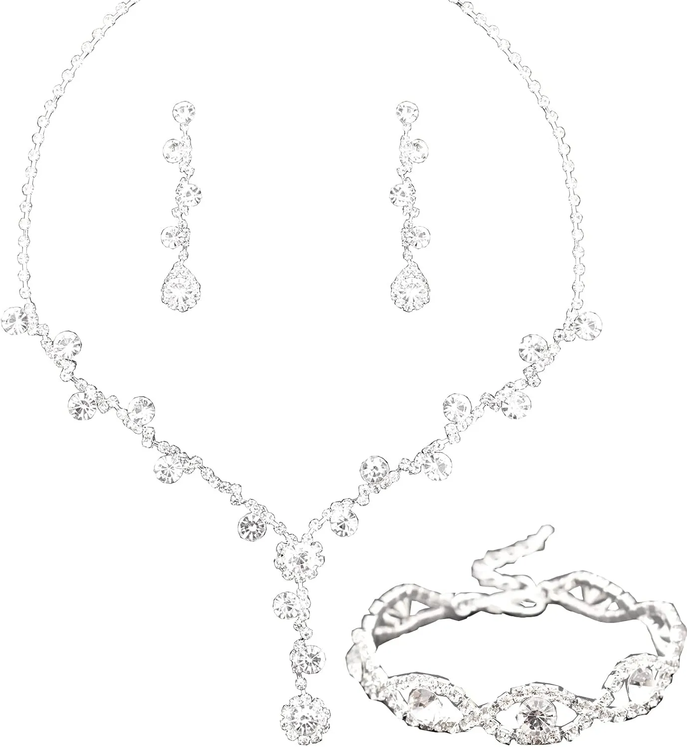 Jewelry Set for Women, Rhinestone Tiara Crown Necklace Dangle Earrings Bangle Bracelet Ring, White/KC Gold Plated Jewelry Set with Rhinestone Wedding Party Jewelry for Bridal Bridesmaid