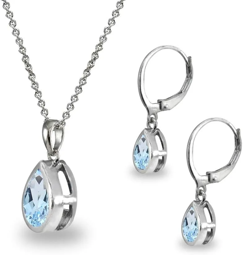 Jewelry Sets for Women, Necklace and Earring Set for Women, Birthstone Jewelry, Genuine or Synthetic Gems, Teardrop Bezel, Pendant Necklace, Short Necklace, Dangle Earrings, Sterling Silver Jewelry