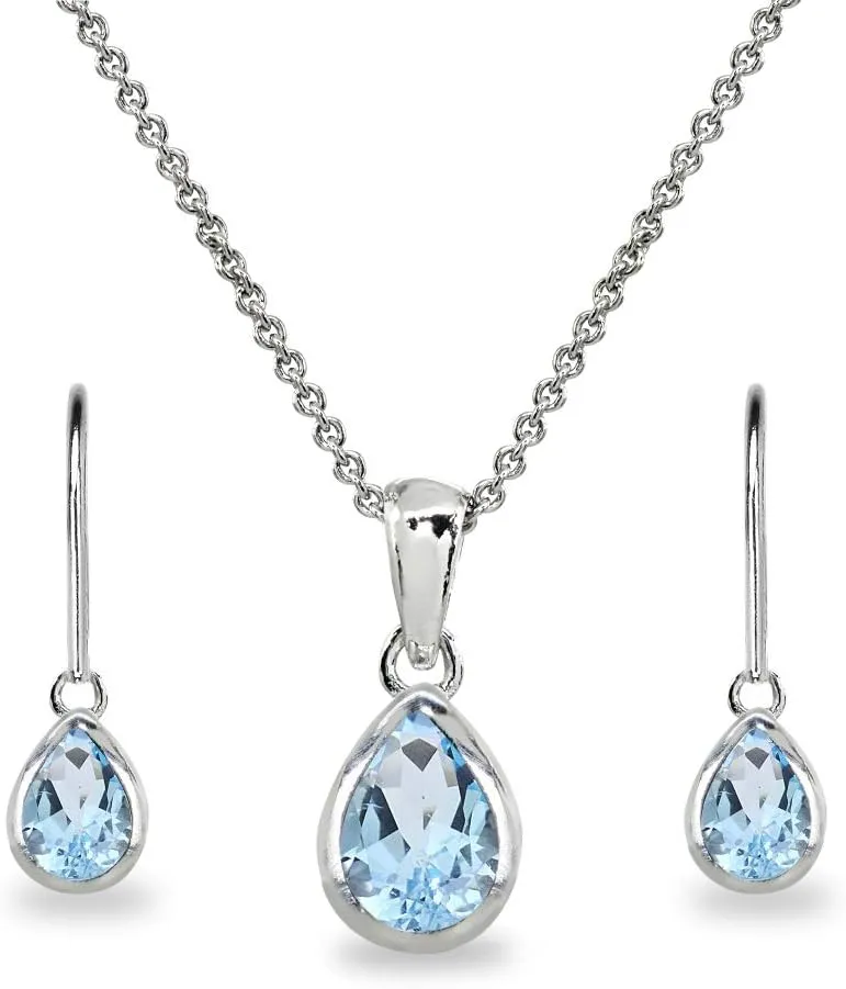 Jewelry Sets for Women, Necklace and Earring Set for Women, Birthstone Jewelry, Genuine or Synthetic Gems, Teardrop Bezel, Pendant Necklace, Short Necklace, Dangle Earrings, Sterling Silver Jewelry