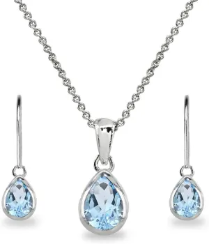 Jewelry Sets for Women, Necklace and Earring Set for Women, Birthstone Jewelry, Genuine or Synthetic Gems, Teardrop Bezel, Pendant Necklace, Short Necklace, Dangle Earrings, Sterling Silver Jewelry