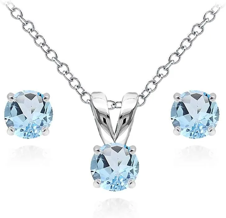 Jewelry Sets for Women, Necklace and Earring Sets for Women, Birthstone Jewelry, Genuine or Synthetic Gem, 5mm Round Solitaire, Pendant Necklace, Short Necklace, Stud Earrings, Sterling Silver Jewelry