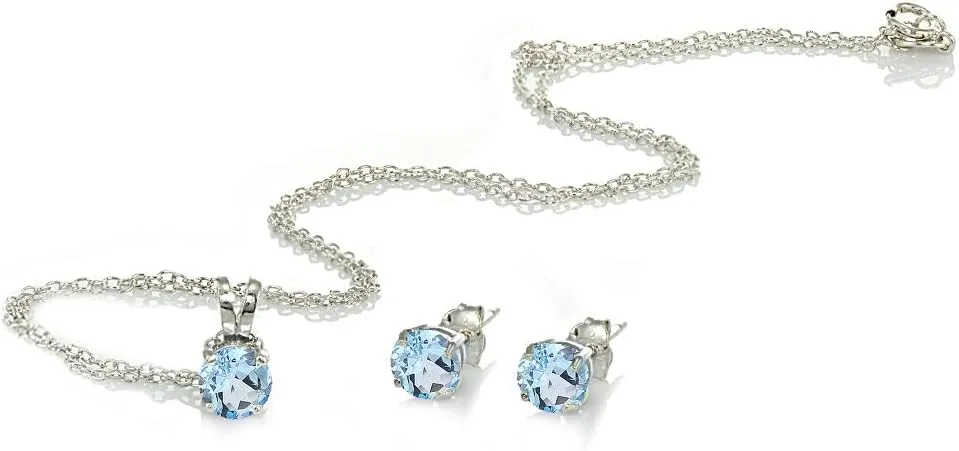 Jewelry Sets for Women, Necklace and Earring Sets for Women, Birthstone Jewelry, Genuine or Synthetic Gem, 5mm Round Solitaire, Pendant Necklace, Short Necklace, Stud Earrings, Sterling Silver Jewelry