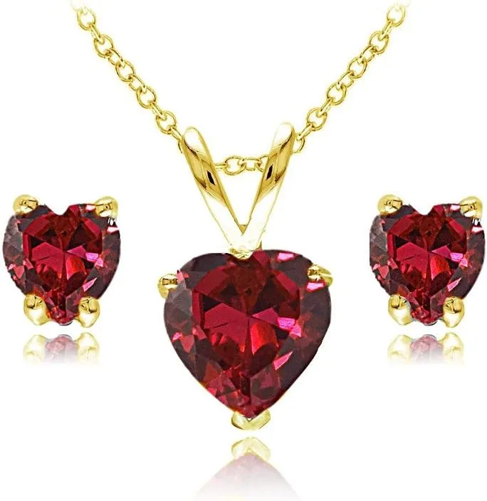 Jewelry Sets for Women, Necklace and Earring Sets for Women, Birthstone Jewelry, Genuine or Synthetic Gemstone, Heart Solitaire, Pendant Necklace, Stud Earrings, Silver Jewelry or Gold Flash