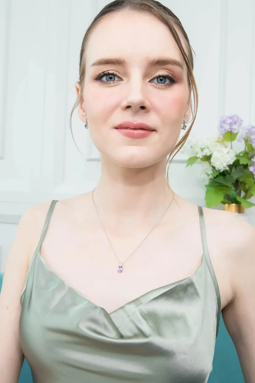 Jewelry Sets for Women, Necklace Earring Sets for Women, Birthstone Jewelry, Genuine Synthetic Gems, Oval Dainty Necklace and Drop Earrings, Pendant Necklace, Huggie Earrings, Sterling Silver Jewelry
