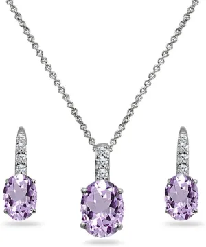 Jewelry Sets for Women, Necklace Earring Sets for Women, Birthstone Jewelry, Genuine Synthetic Gems, Oval Dainty Necklace and Drop Earrings, Pendant Necklace, Huggie Earrings, Sterling Silver Jewelry