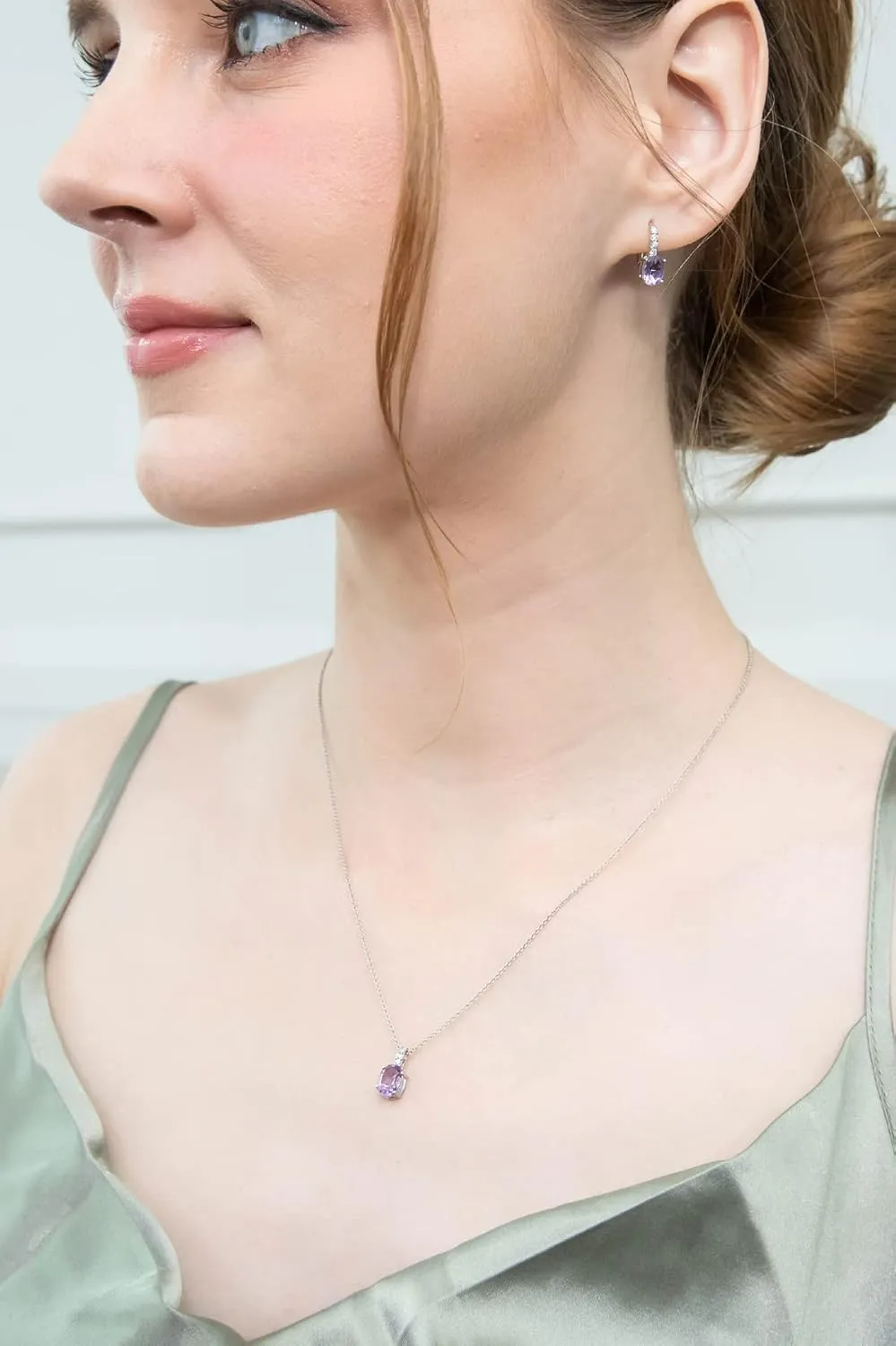 Jewelry Sets for Women, Necklace Earring Sets for Women, Birthstone Jewelry, Genuine Synthetic Gems, Oval Dainty Necklace and Drop Earrings, Pendant Necklace, Huggie Earrings, Sterling Silver Jewelry