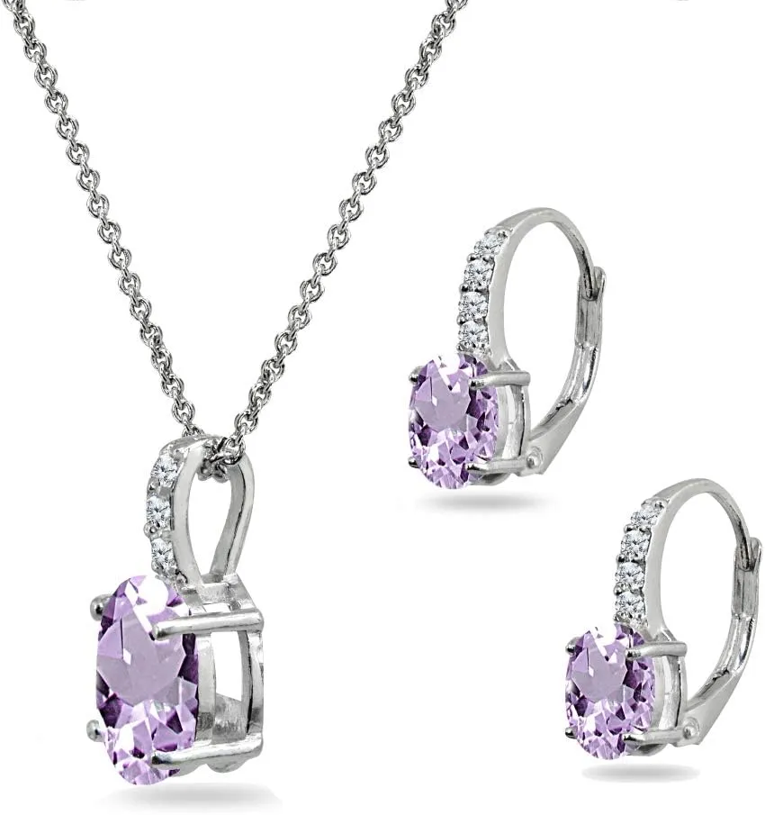 Jewelry Sets for Women, Necklace Earring Sets for Women, Birthstone Jewelry, Genuine Synthetic Gems, Oval Dainty Necklace and Drop Earrings, Pendant Necklace, Huggie Earrings, Sterling Silver Jewelry
