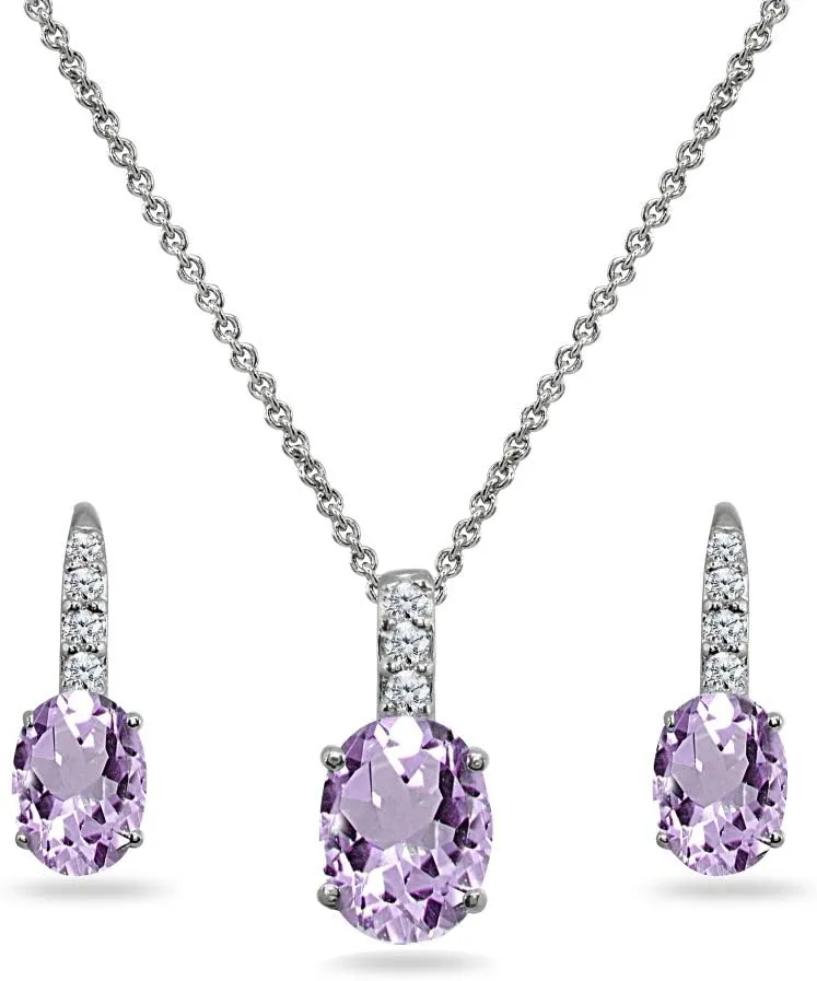 Jewelry Sets for Women, Necklace Earring Sets for Women, Birthstone Jewelry, Genuine Synthetic Gems, Oval Dainty Necklace and Drop Earrings, Pendant Necklace, Huggie Earrings, Sterling Silver Jewelry