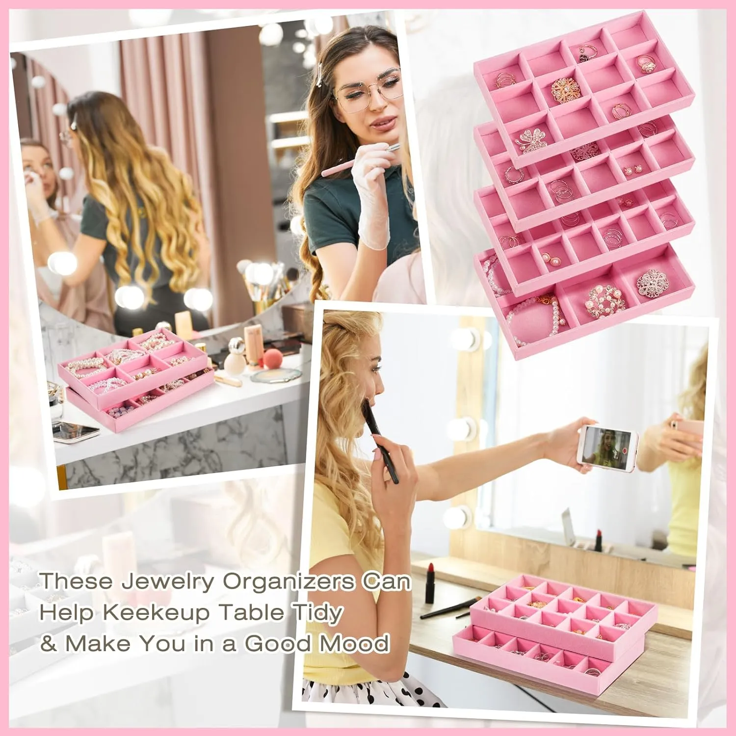 Junkin 12 Pcs Jewelry Tray Velvet Stackable Jewelry Organizer Trays Divided Earring Accessories Storage Containers Box