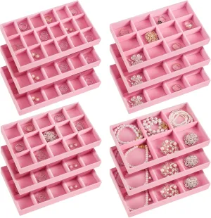 Junkin 12 Pcs Jewelry Tray Velvet Stackable Jewelry Organizer Trays Divided Earring Accessories Storage Containers Box